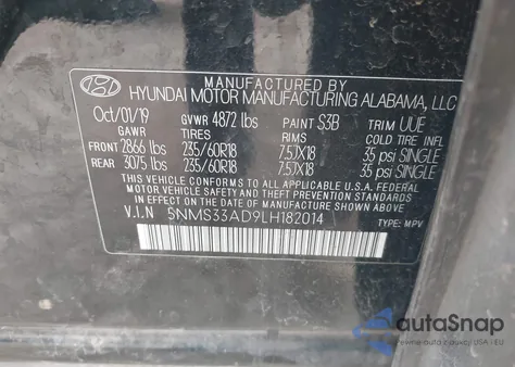 2020 Hyundai Santa Fe Sel z USA, uszkodzony, nr VIN 5NMS33AD9LH182014